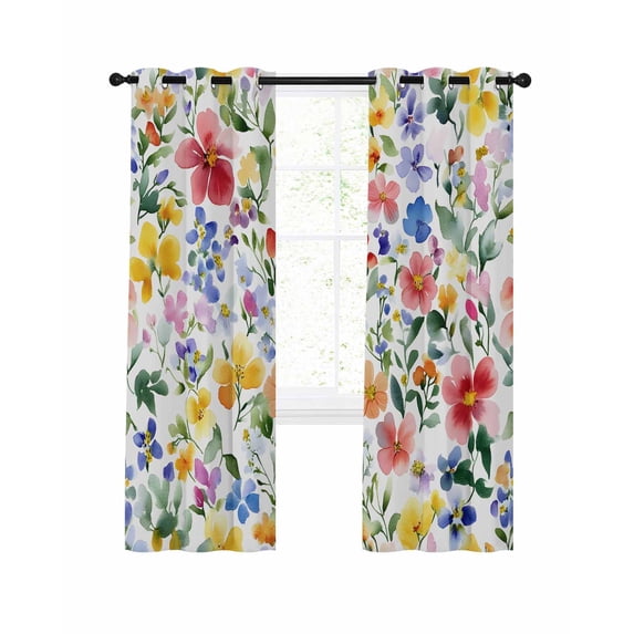Flower Floral Blackout Curtains, Light Blocking Print Window Curtains, Colored Watercolor Spring Plant Leaf Thermal Insulated Window Drapes for Living Room Kitchen Cafe 2 Panels, 84"W x 84"L