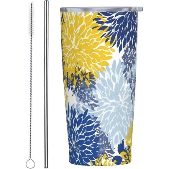 Flower Floral Blue Yellow 20 oz Tumbler with Lids and Straws Stainless Steel Vacuum Coffee Mug for Car Home Office Outdoor Travel