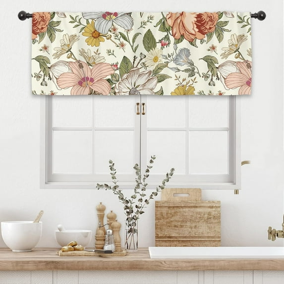 Flower Floral Kitchen Curtain Valance 54W x 18L Inch Vintage Blossom Plant Botanical Beige Spring Boho Retro Rod Pocket Short Cafe Small Window Treatment Drapes Decor
