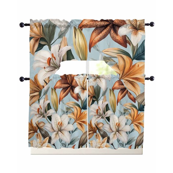 Flower Floral Kitchen Curtains Sets 24 Inch Length with Valance, Lily Budding Plant Botanicals Blossom Swag Valances and Tiers Curtain Set Drapes Swag Curtains for Living Room, Bathroom, Bedroom