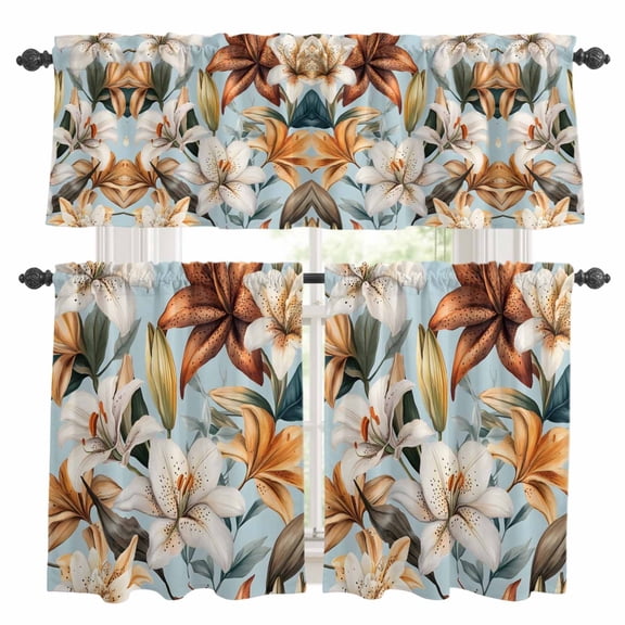 Flower Floral Kitchen Curtains Sets for Windows 24 Inch Length, Lily Budding Plant Botanicals Blossom Rod Pocket Window Treatments Tier Curtains and Valances Set for Bedroom/Bathroom