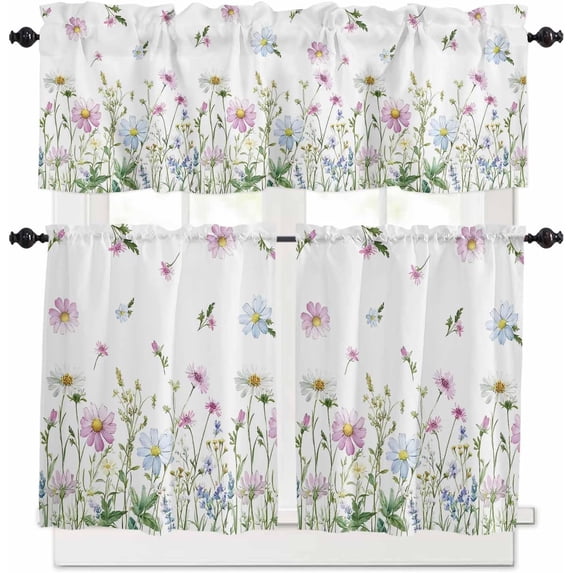 Flower Floral Kitchen Curtains Sets for Windows 36 Inch Length, Blue Pink Daisy Botanical Countryside Rod Pocket Window Treatments Tier Curtains and Valances Set for Bedroom/Bathroom