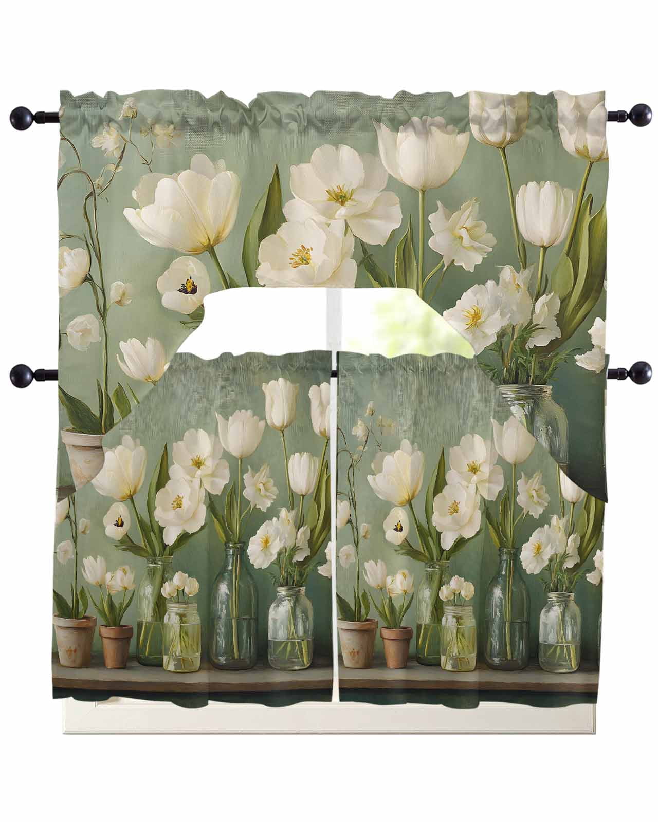 Flower Floral Kitchen Curtains Swag Valance and Tier Curtains Set 36 ...