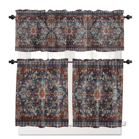 Flower Floral Kitchen Curtains Valances and Tiers Set of 3, Retro Boho 24 Inch Length Tier Curtains and Valance Rod Pocket Valance Curtains Set for Kitchen Bathroom Small Windows