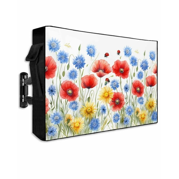 Flower Floral Outdoor TV Cover 52 to 55 Inch Weatherproof, Watercolor Red Blue Independence Day 600D Oxford TV Covers with Waterproof Zipper, Outside Flat TV Screen Protector Size 52"W x 19"H x 4.5"D