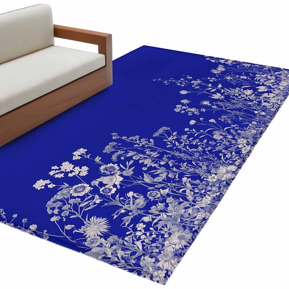 Flower Floral Plant Area Rug 4x6ft Blue Background Non-Slip Washable Square Rugs Soft Felt Indoor Floor Mat for Bedroom Kitchen Living Room Bathroom