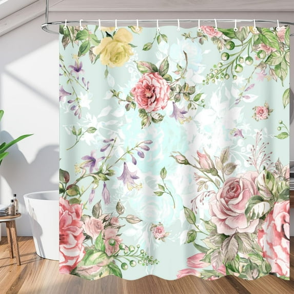 Flower Floral Rose Shower Curtain for Bathroom Shower Curtain Set with 12 Hooks Waterproof Fabric Bath Curtain for Bathtub Restroom Decor, 72 X 72 in