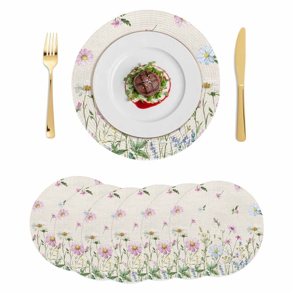 Flower Floral Round 13 Inch Placemats Set of 6, Blue Pink Daisy Botanical Countryside HeatResistant Non Slip Place Mats for Dining Table, Wipeable Braided Kitchen Table Mats for Housewarming