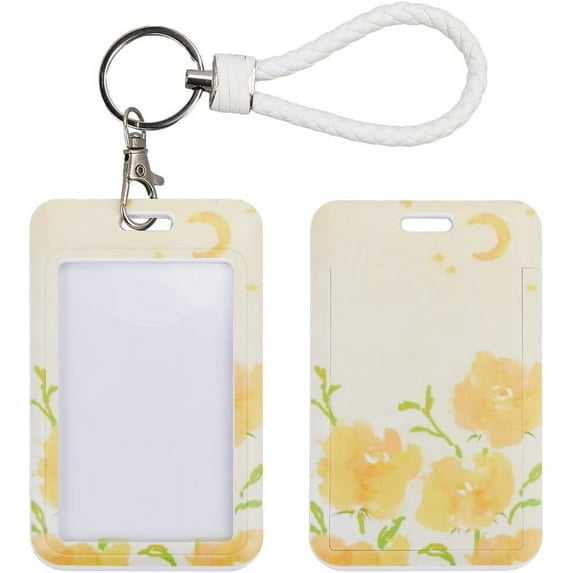 Flower Floral Sliding ID Badge Holder Plastic Card Case Holder Clear Window Detachable Vertical Protector for Women Nurse Teacher Student Key ID Office Worker Yellow DIY