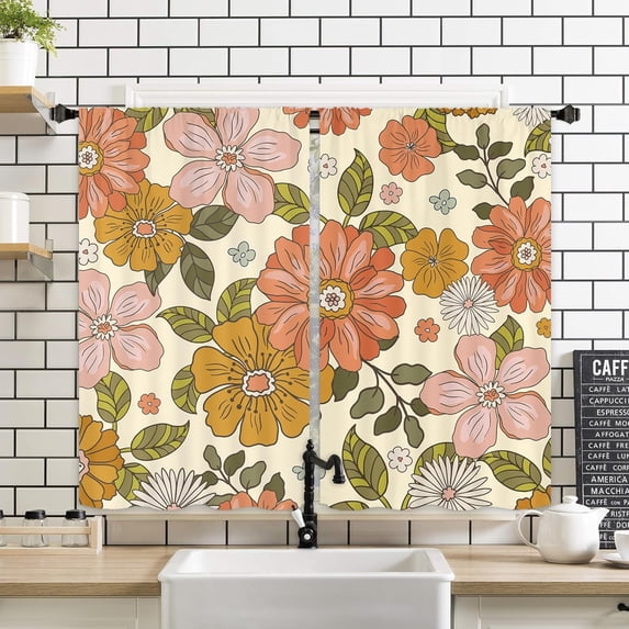 Flower Floral Spring Kitchen Window Curtains 2 Panels 27.5W x 39H Rod Pocket Retro Cute 70s 60s Pink Orange Retro Boho Funky Blossom Botanical Small Short Door Decor Bathroom Drapery Treatment