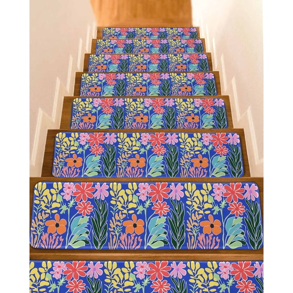 Flower Floral Stair Treads for Wooden Steps Indoor Runner Rug Carpet, Blue Wildflower Botanical Plant Leaf 4 Pieces Peel and Stick Staircase Step Treads Covers Washable Throw Door Mats, 30"x8"