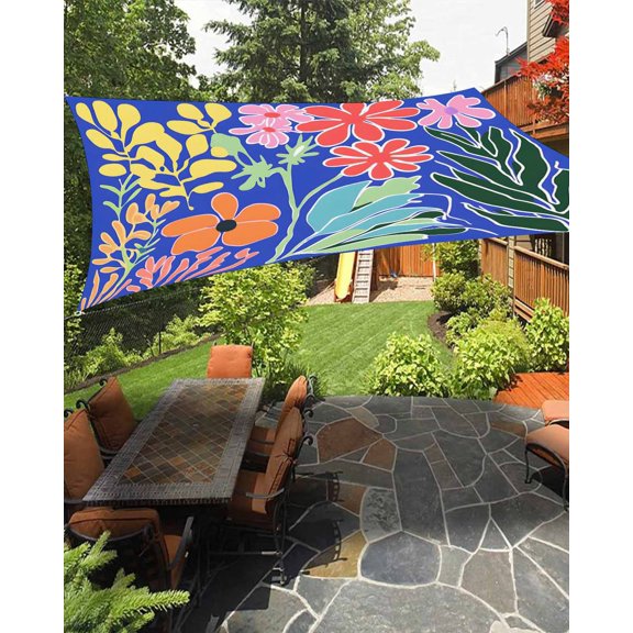 Flower Floral Sun Sail Shades Rectangle Canopy,Sunlight Block Heavy Duty Curved Backyard Shade Cover,Blue Wildflower Botanical Plant Leaf Waterproof Sun Shades for Patios Garden Pergola 6.5'x10'