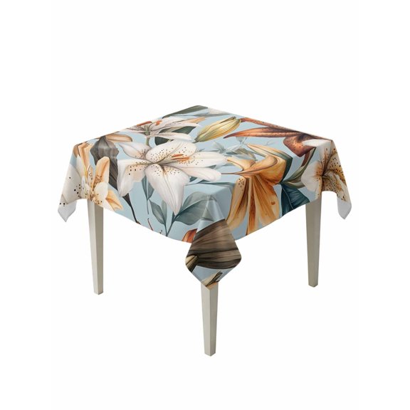Flower Floral Table Cloth, Waterproof Tablecloth for Square Tables, Lily Budding Plant Botanicals Blossom Reusable Washable Fabric Table Cover for Restaurant Kitchen Dining Tables 54"x54"