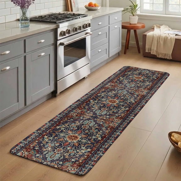 Flower Floral Washable Runner Rug 2X5 ft Blossoms Leaf Buds Retro Boho Non-Slip Hallway Runner Rug, Linen Kitchen Runner Mats, Indoor Floor Carpet for Entryway Bathroom Bedroom Living Room