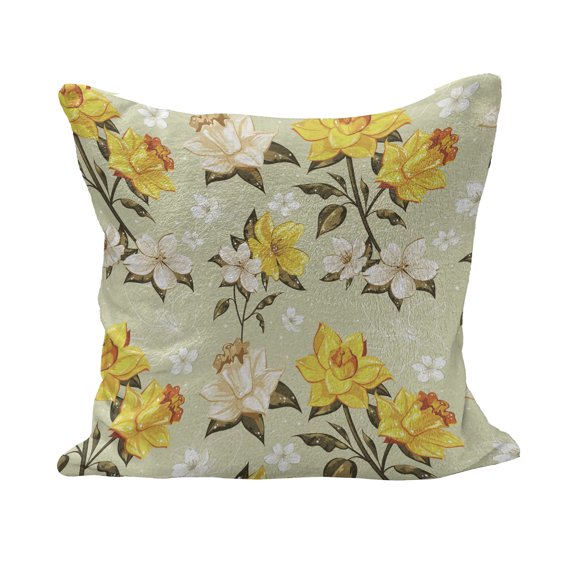 Flower Fluffy Throw Pillow Cushion Cover, Classy Spring Floral Narcissus Branch Pattern with Dots and Line Art, Decorative Square Accent Pillow Case, 20" x 20", Yellow Khaki Cream, by Ambesonne