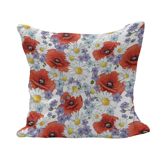 Flower Fluffy Throw Pillow Cushion Cover, Purple Flowers Poppy and Daisy Summer Nature Wildflowers Graphic, Decorative Square Accent Pillow Case, 24" x 24", Lavender Scarlet, by Ambesonne