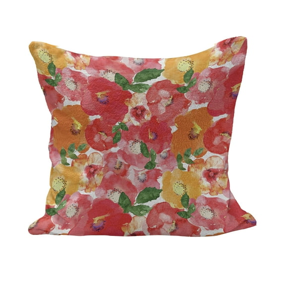 Flower Fluffy Throw Pillow Cushion Cover, Watercolor Styled Effect Floral Theme Flowers and Leaves Pattern Art, Decorative Square Accent Pillow Case, 28" x 28", Red and Orange, by Ambesonne