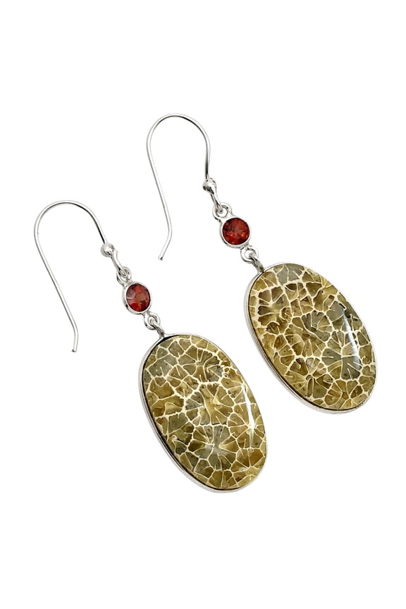 Flower Fossil Coral & Hessonite Garnet 925 Silver Earrings Jewelry E-1002 SDE90573