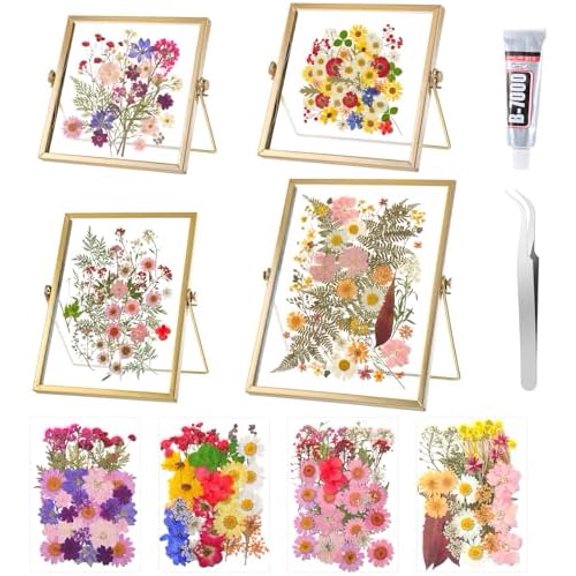 Flower Frame Pressed Kit, Include 4 Pcs Gold Metal Picture Frames and 140 Pcs Dried Pressed Flowers for Crafts DIY Floating Photo Frame for Tabletop Display, Home Decor, Gifts