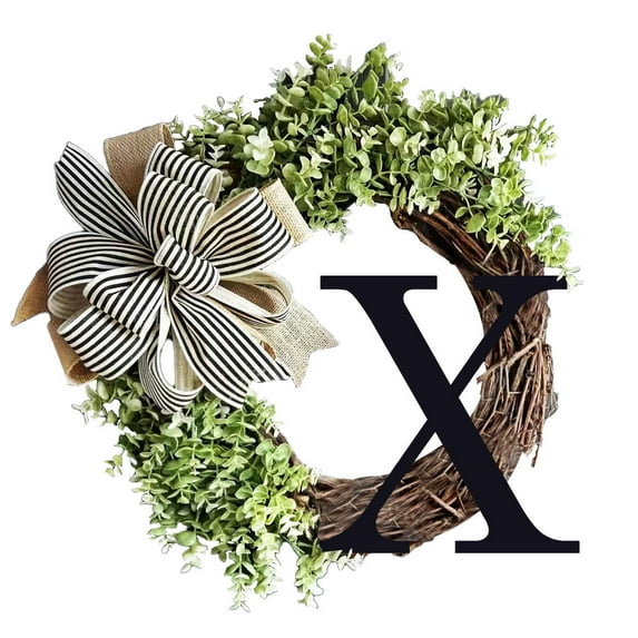 Flower Front Door Sign Hanger,Last Name Year Round Front Door Wreath Front Porch Decoration 26 Letter Welcome Sign with Garland and Bow, Spring Wreaths for Front Door Outside Hanger Garland