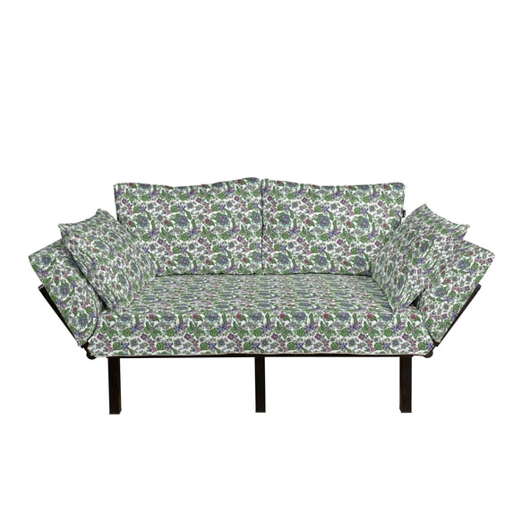Flower Futon Couch, Ornate Retro Style Blossoms in Different Colors with Green Leaves Pattern, Daybed with Metal Frame Upholstered Sofa for Living Dorm, Loveseat, Multicolor, by Ambesonne