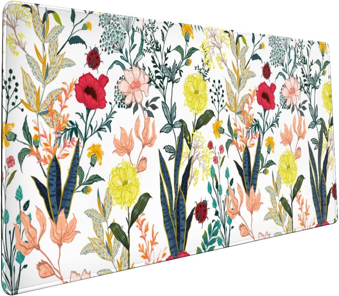 Flower Gaming Mouse Pad Abstract Classical Desk Mat 35.4x15.7 Inch Floral Texture Non-Slip Rubber Base Weeds Mousepad Stitched Edges Keyboard Mouse Mat Desk Pad for Office Home Game