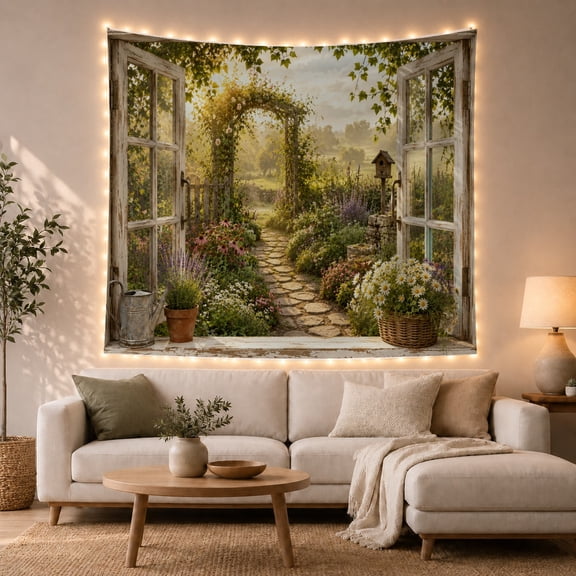Flower Garden Beyond an Open Window with Daisies, Peaceful Rustic for Flower Lovers, Garden Wall Art, Mother'S Day Gift, Tapestry Wall Hanging for Bedroom and Living Room