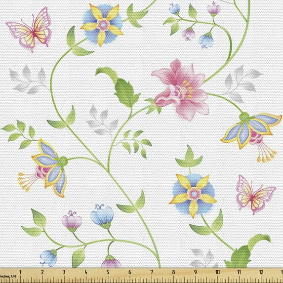 Ambesonne Flower Fabric by the Yard Upholstery, Blossoms and Butterflies, 3 Yards, Sky Blue Pink Green