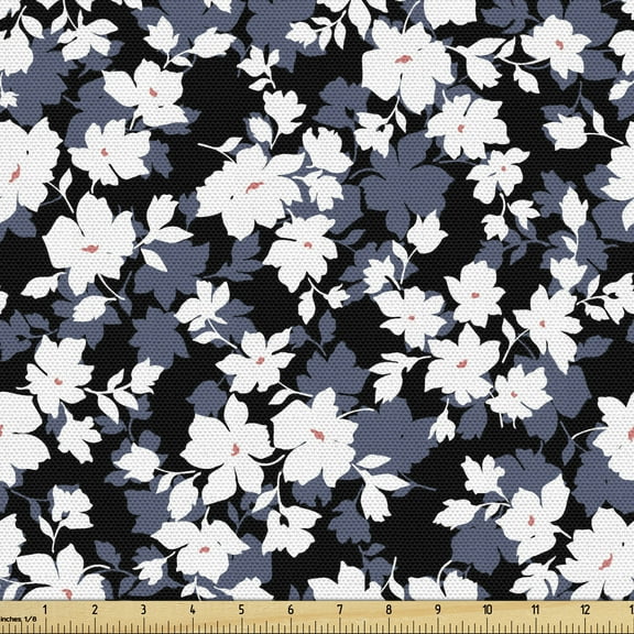 Flower Garden Fabric by the Yard, Vintage Blossoming Plant Leaves Silhouettes Floral Corsage Art, Upholstery Fabric for Dining Chairs Home Decor Accents, 10 Yards, Black White Dimgrey by Ambesonne