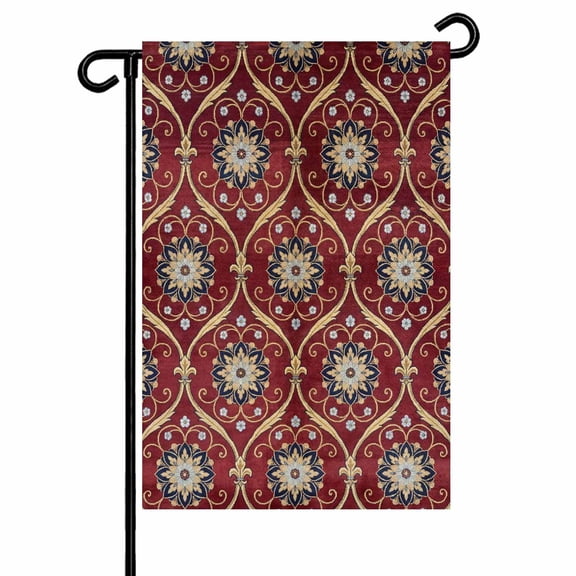 Flower Garden Flag 12x18 Inch Deep Red Vintage Damask Pattern Classic Floral Country Double Sided Small Decorative Garden Flags for Outside, Outdoor Yard Porch Lawn Decoration