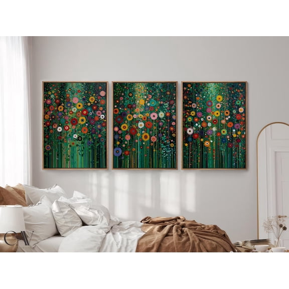 Flower Garden Landscape Gustav Klimt Inspired Art Print Floral Botanical Maximalist Painting Wall Art Piece Triptych Set 3