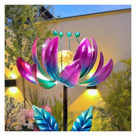 Flower Garden Stake, Solar Windmill Sculpture Outdoor Decor - Color Changing Lights, Metal Wind Spinner for Lawn, Patio, Yard Art & Gardening Gifts