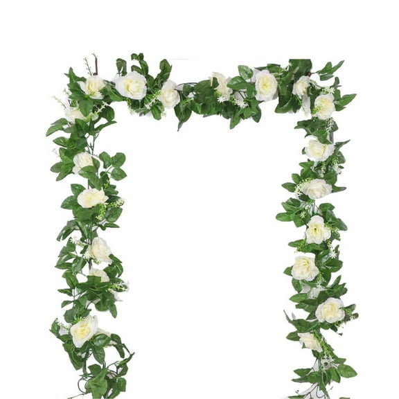 Flower Garland 1 Pcs 36FT Artificial Rose Vine Flowers with Green Leaves Hanging Floral Garland for Backdrop Wedding Wall Arch Christmas Room Party Table Decor White
