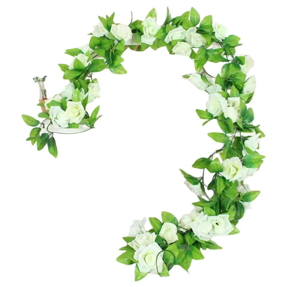 Flower Garland Artificial Rose Vine Flowers with Green Leaves Hanging Fake Roses Vine for Room Party Home Wedding Birthday Christmas Wall Arch Decor, 90.55 Inch, White
