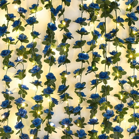 Flower Garland Rose Vines, 5 Strands Ft Flowers Vines for Bedroom with 33 Ft/LED String Lights, Rose Flower Garland Decoration, Rose Floral Garland for Room Table Wedding Decor