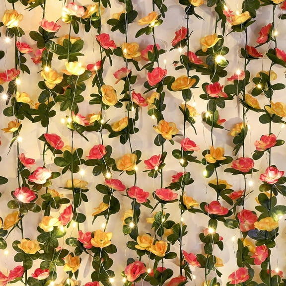 Flower Garland Rose Vines, 5 Strands Ft Flowers Vines for Bedroom with 33 Ft/LED String Lights, Rose Flower Garland Decoration, Rose Floral Garland for Room Table Wedding Decor