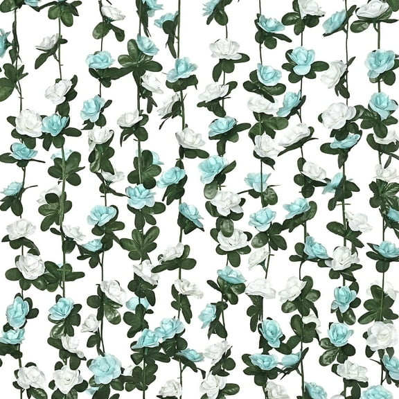 Flower Garland Rose Vines, 5 Strands Ft Flowers Vines for Bedroom, Rose Flower Garland Decoration, Blue and White Rose Floral Garland for Room Birthday Wedding Party Garden Wall Decor