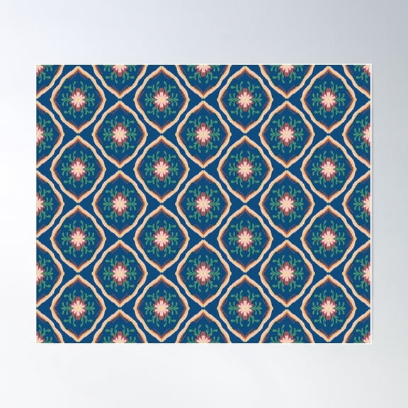 Flower Geometric Mix Ikat Dark Blue Ancient Pattern Poster Wall Art, Modern Wall Decor For Living Room Bedroom, 24x36 UNFRAMED