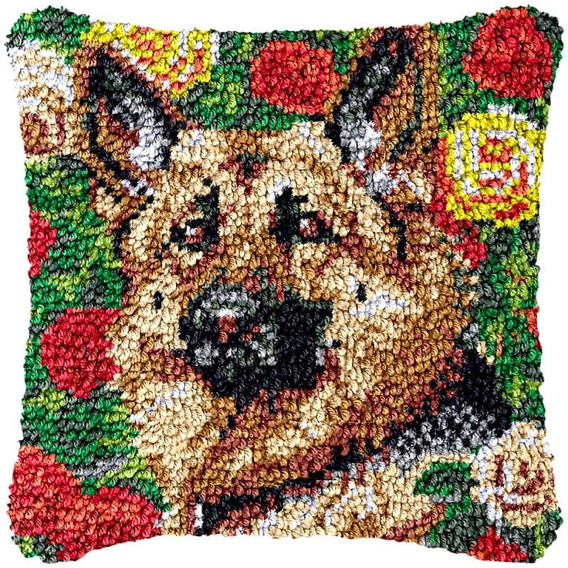 Flower German Shepherd Latch Hook Pillow Cover Kits for DIY Handmade Throw Pillow Cross Stitch Latch Hook Pillowcase Rug Kits with Preprinted Color Pattern Canvas Crochet Yarn Kits 17''X 17''(ys74)
