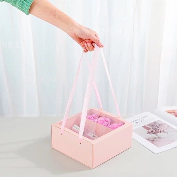 Flower Gift Box with Handle Transparent PVC Window Rose Candy Dessert Packaging Box Valentine's Day New Year Gift