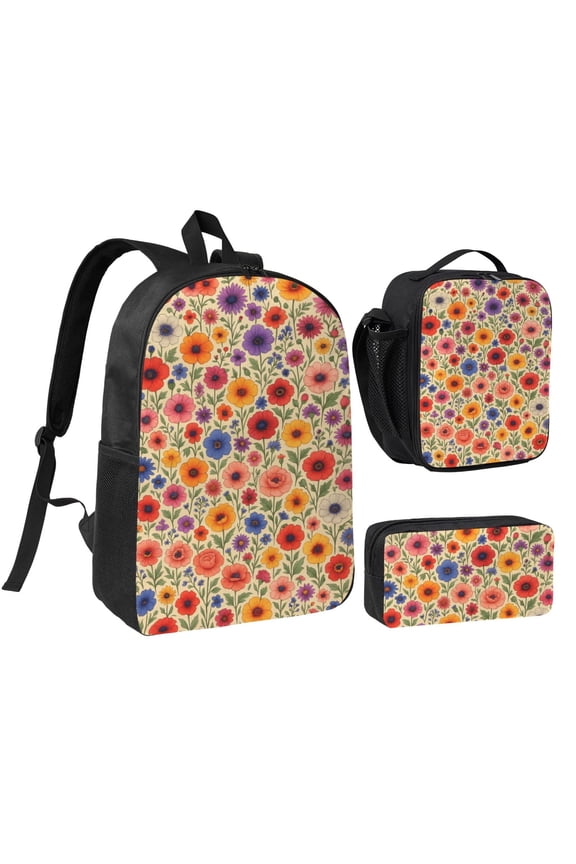 Flower Gift Decoration Backpack Set 3pc ，Backpack with Lunch Bag and Bag 17 Inch