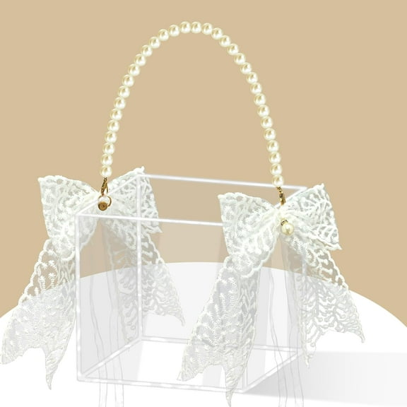 Flower Girl Basket Clear Wedding Petals Basket with Pearl Handle Acrylic Flower Holder for Confetti with Handmade Bow Decoration