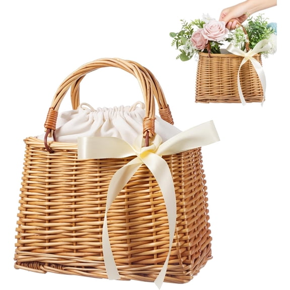 Flower Girl Basket: Reinforced Rectangular Wicker Purse Splinter-Free Rattan Bag for Wedding Ceremony Picnic (Straw Handbag With Ribbon)