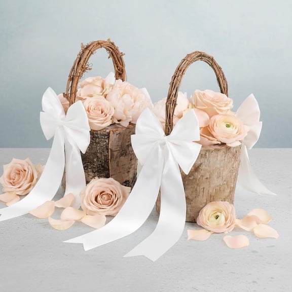 Flower Girl Basket Retro Wooden Bark Style Baskets with Handles and Ribbon Bows Decoration for Wedding Flowers Candy Storage and Home Decoration
