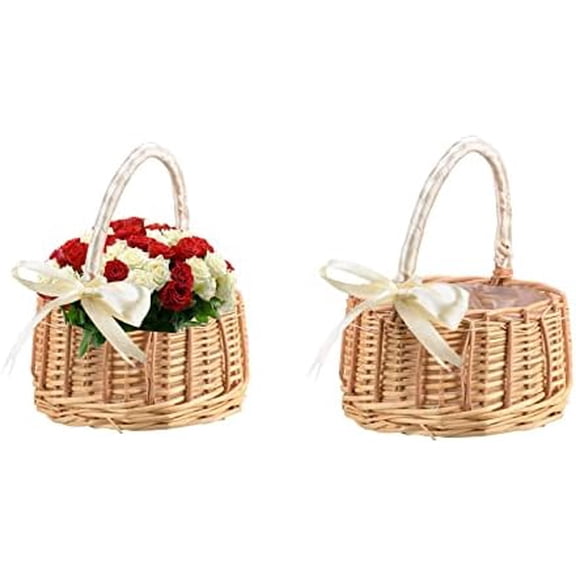 Flower Girl Basket Set of 2, Ribbon Bow & Plastic Liner Willow Handwoven Basket Wedding Flower Girl Baskets, Wicker Rattan Flower Basket for Home Wedding and Easter Gifts Decorations$$Home Decor