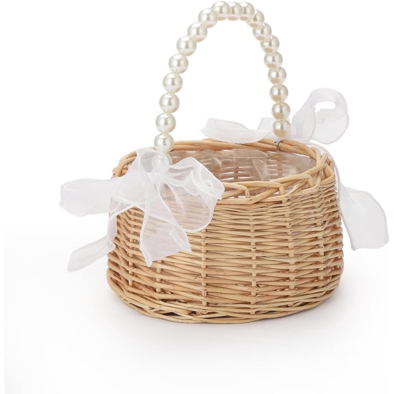 Flower Girl Basket Set of 1,Woven Storage Flower Basket,Flower Basket with Pearl Handle,Rattan Basket with Ribbon Bow & Plastic Liner,Small Rustic Wedding Basket