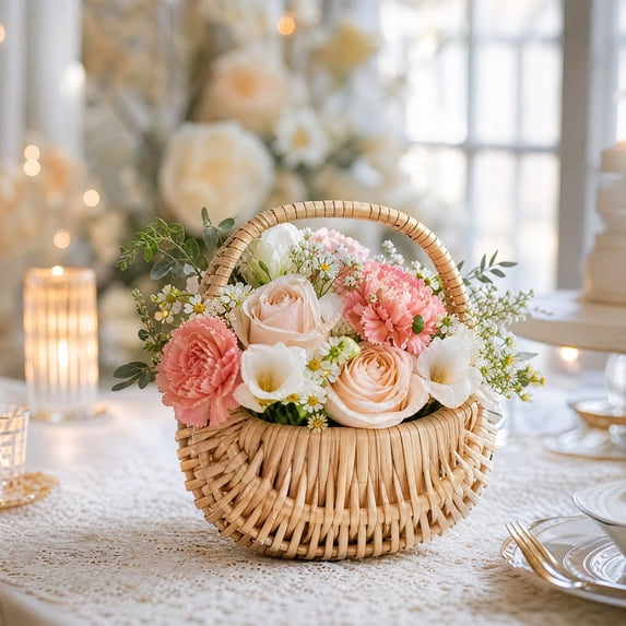 Flower Girl Basket, Small Wicker Baskets with Handle and Liner, Decorative Easter Storage Baskets for Wedding, Picnic