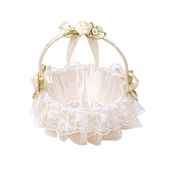 Flower Girl Basket for Wedding, Baby Breath Artificial Flower Girl Baskets Rustic Small Rattan Baskets with Satin Bow Ribbon & Lace Decor for Spring Home Decoration Baby Shower Picnic Garden Party