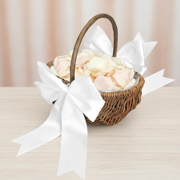 Flower Girl Basket Wicker Rattan with Large White Ribbon Bow and Handle Retro Decoration Hand Woven for Wedding Candy Storage Picnic Home