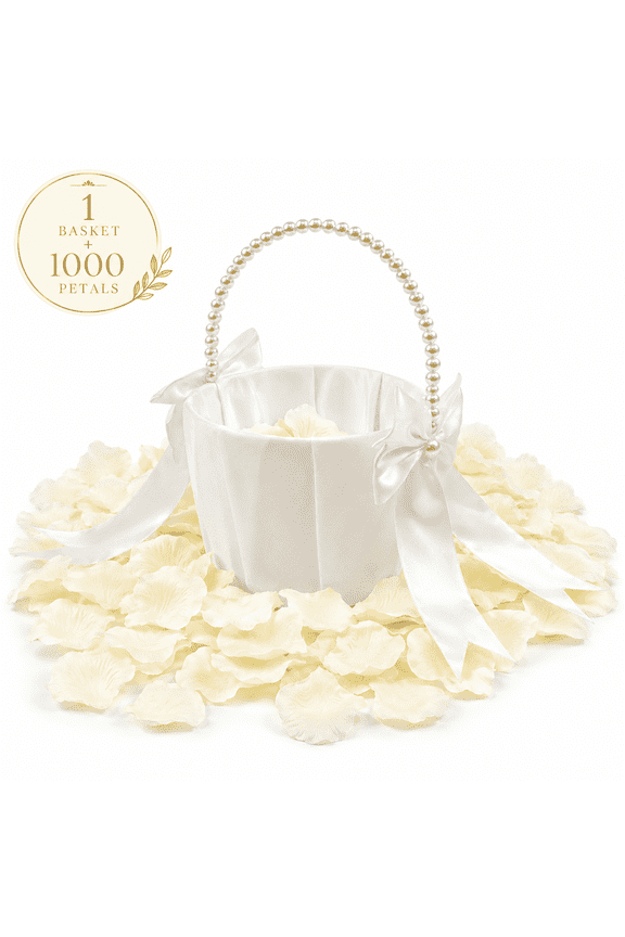 Flower Girl Baskets for Wedding - Flower Girl Basket With Pearl Handle And 1000 Pcs Silk Rose Petal for Wedding